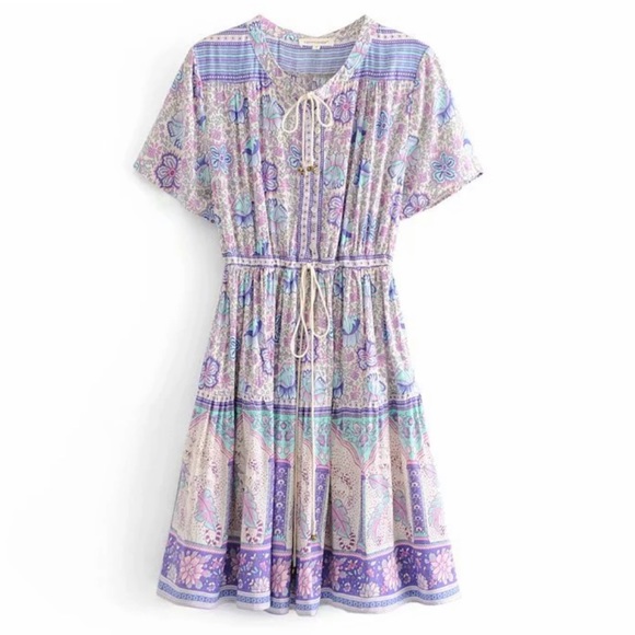 Boho Floral Leopard Gypsy Print Dress Purple - Picture 4 of 13